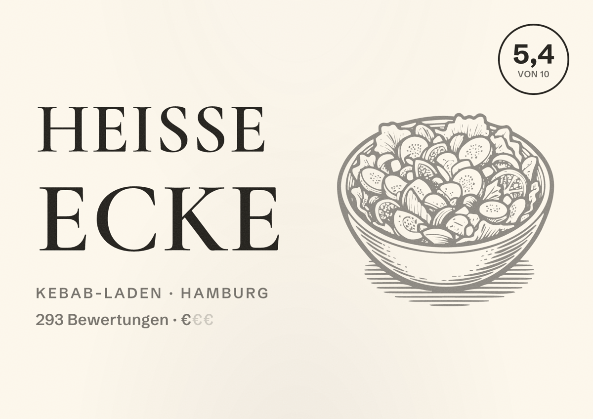 Illustriertes Poster von Heisse Ecke, Kebab-Laden in Hamburg: Bewertung 5,4 von 10 aus 293 Bewertungen, Preisniveau €