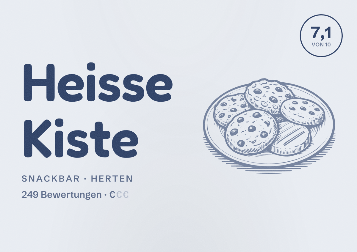 Illustriertes Poster von Heisse Kiste, Snackbar in Herten: Bewertung 7,1 von 10 aus 249 Bewertungen, Preisniveau €