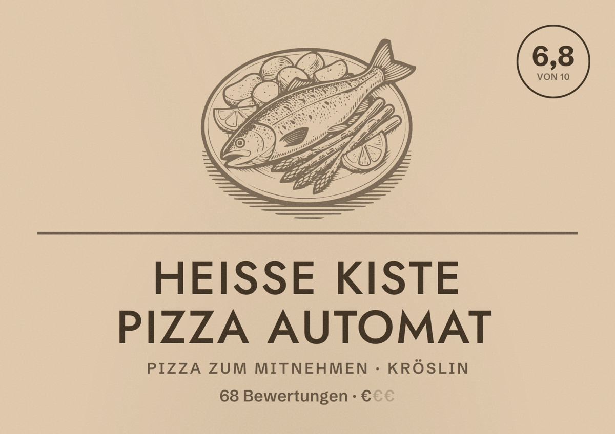 Illustriertes Poster von Heiße Kiste Pizza Automat, Pizza zum Mitnehmen in Kröslin: Bewertung 6,8 von 10 aus 68 Bewertungen, Preisniveau €