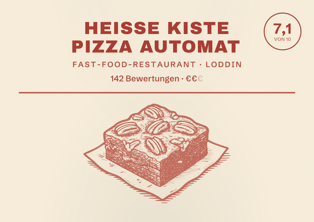 Illustriertes Poster von Heiße Kiste Pizza Automat, Fast-Food-Restaurant in Loddin: Bewertung 7,1 von 10 aus 142 Bewertungen, Preisniveau €€