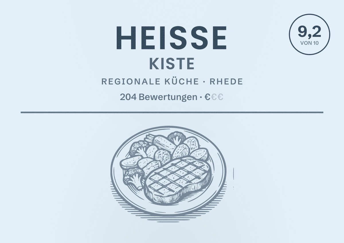Illustriertes Poster von Heisse Kiste, Regionale Küche in Rhede: Gästebewertung 9,2 von 10 aus 204 Bewertungen