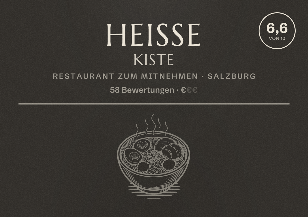 Illustriertes Poster von Heisse Kiste, Restaurant zum Mitnehmen in Salzburg: Bewertung 6,6 von 10 aus 58 Bewertungen, Preisniveau €