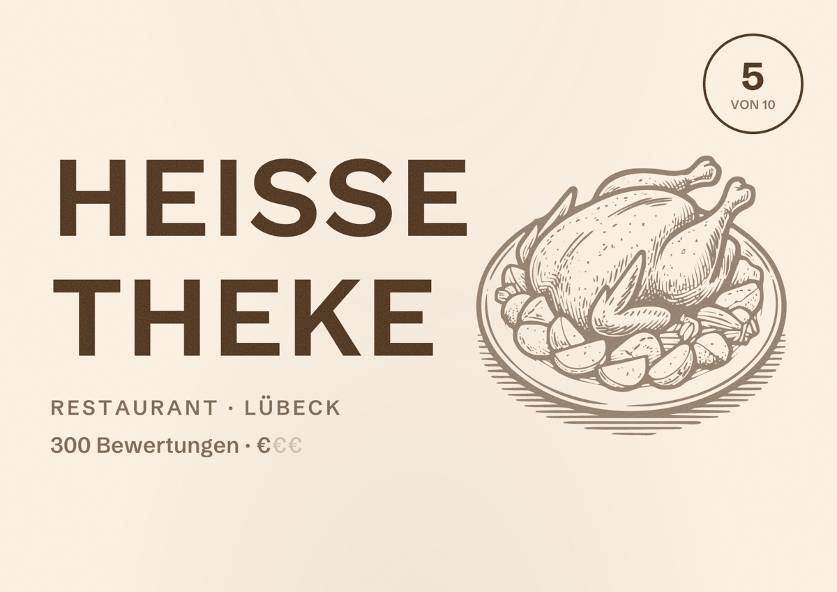 Illustriertes Poster von Heiße Theke, Restaurant in Lübeck: Bewertung 5 von 10 aus 300 Bewertungen, Preisniveau €