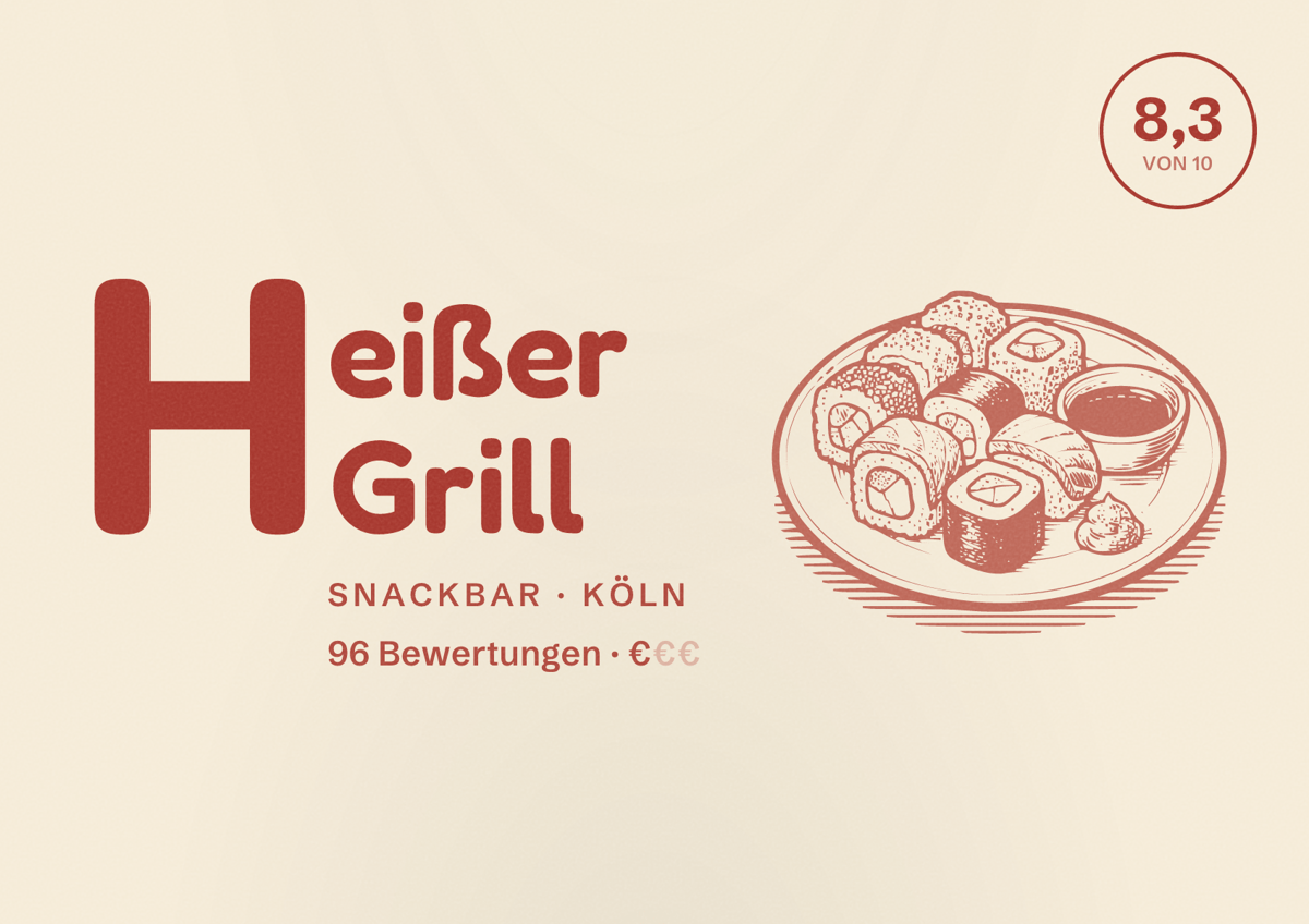 Illustriertes Poster von Heißer Grill, Snackbar in Köln: Bewertung 8,3 von 10 aus 96 Bewertungen, Preisniveau €