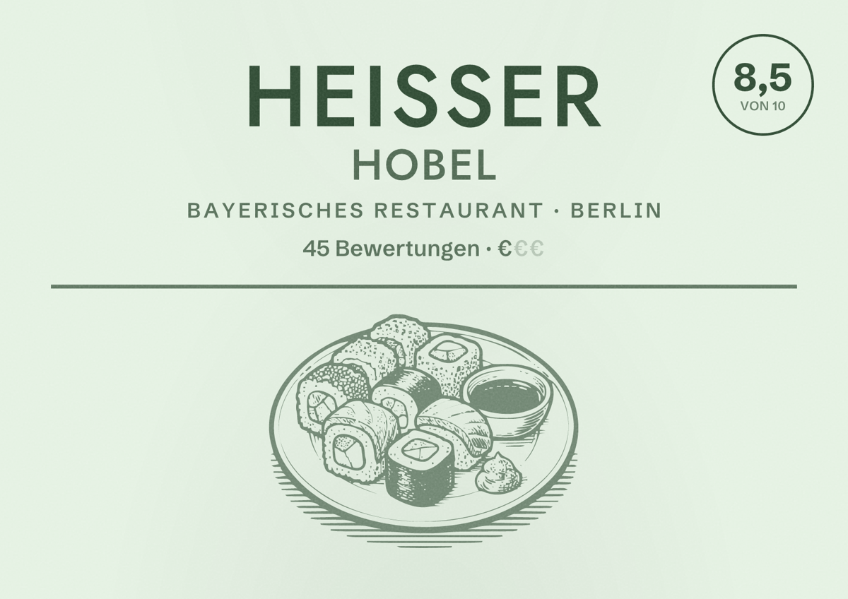 Illustriertes Poster von Heisser Hobel, Bayerisches Restaurant in Berlin: Bewertung 8,5 von 10 aus 45 Bewertungen, Preisniveau €