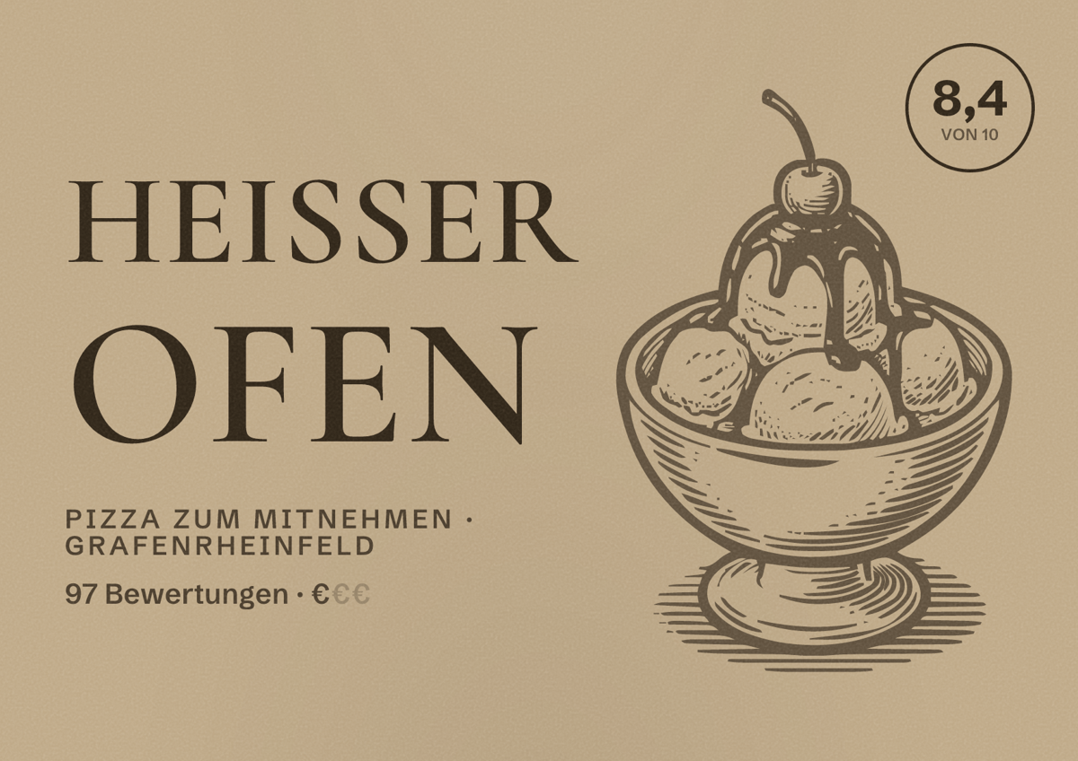 Illustriertes Poster von Heißer Ofen, Pizza zum Mitnehmen in Grafenrheinfeld: Bewertung 8,4 von 10 aus 97 Bewertungen, Preisniveau €
