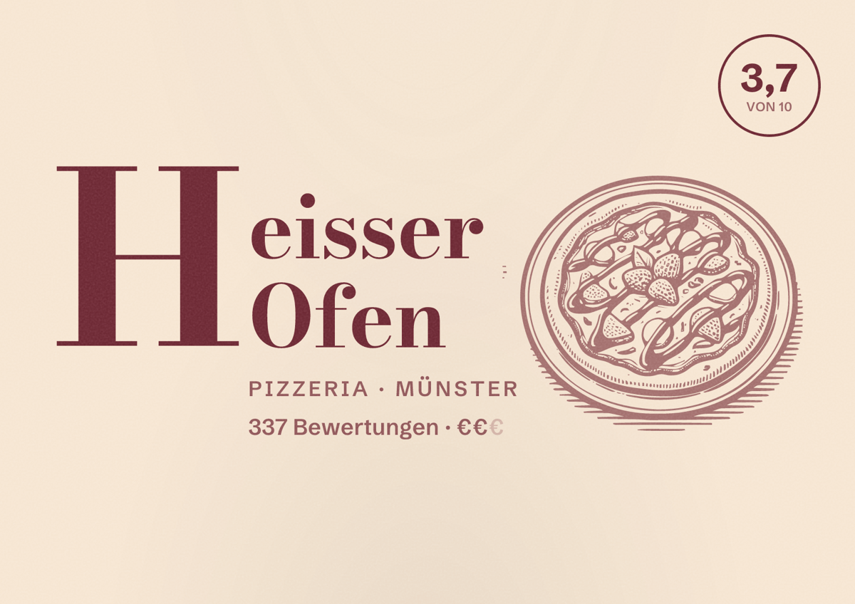 Illustriertes Poster von Heisser Ofen, Pizzeria in Münster: Bewertung 3,7 von 10 aus 337 Bewertungen, Preisniveau €€