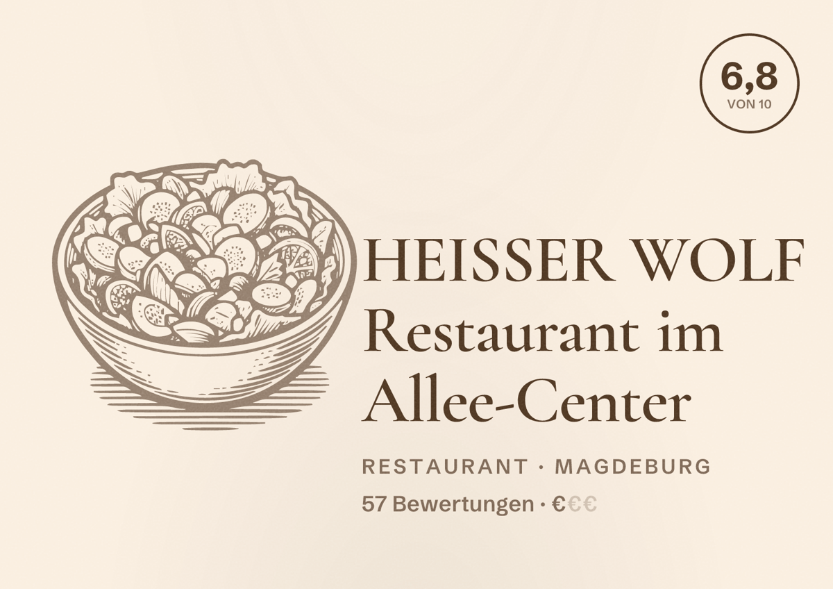 Illustriertes Poster von HEISSER WOLF Restaurant im Allee-Center, Restaurant in Magdeburg: Bewertung 6,8 von 10 aus 57 Bewertungen, Preisniveau €