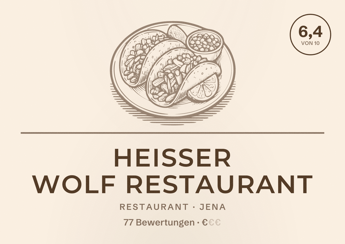Illustriertes Poster von Heisser Wolf Restaurant, Restaurant in Jena: Bewertung 6,4 von 10 aus 77 Bewertungen, Preisniveau €