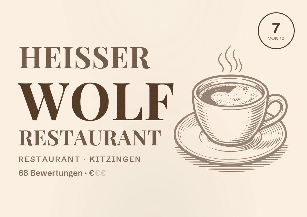 Illustriertes Poster von Heisser Wolf Restaurant, Restaurant in Kitzingen: Bewertung 7 von 10 aus 68 Bewertungen, Preisniveau €