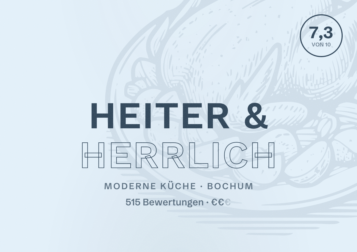 Illustriertes Poster von Heiter & Herrlich, Moderne Küche in Bochum: Bewertung 7,3 von 10 aus 515 Bewertungen, Preisniveau €€