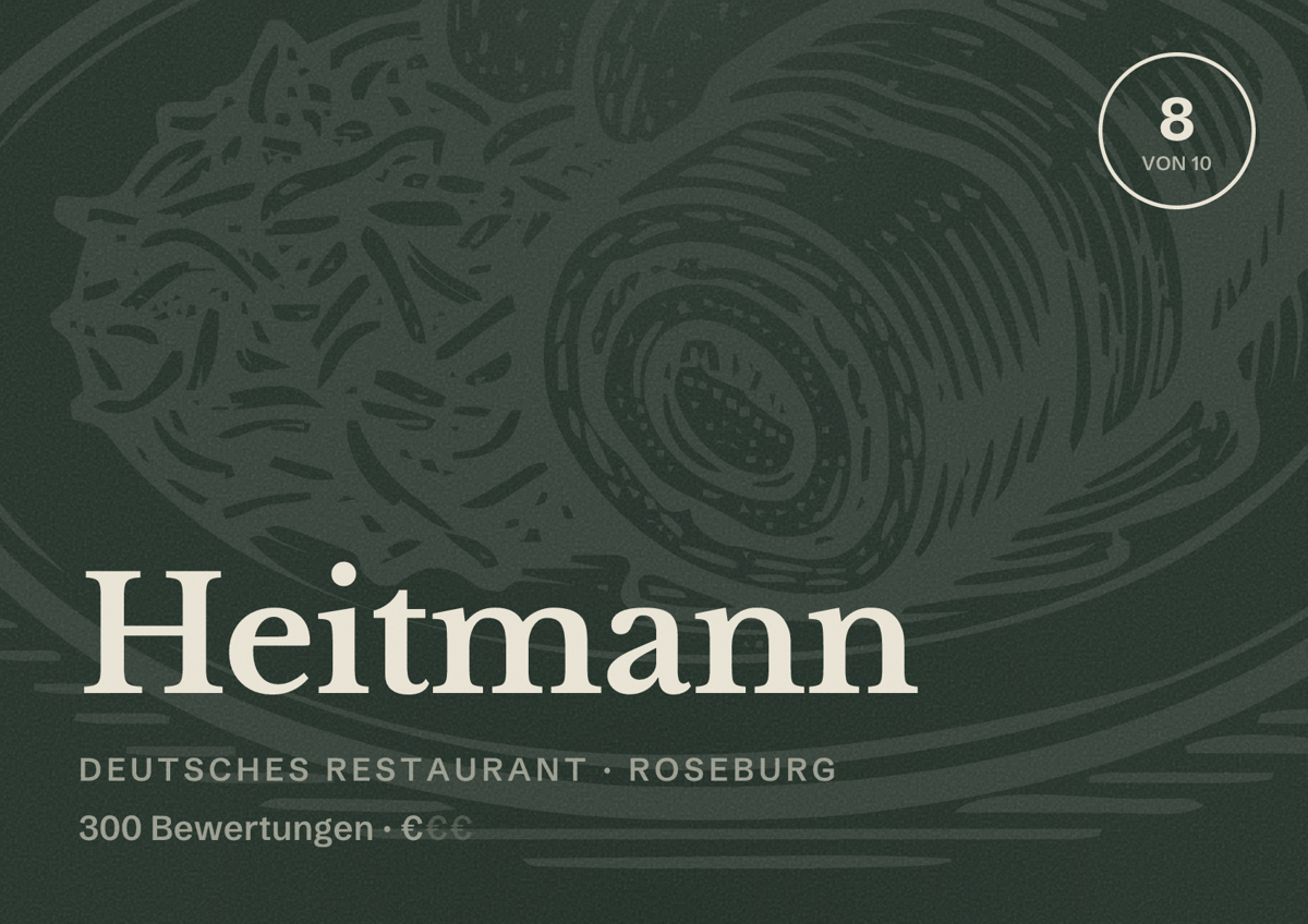 Illustriertes Poster von Heitmann, Deutsches Restaurant in Roseburg: Bewertung 8 von 10 aus 300 Bewertungen, Preisniveau €