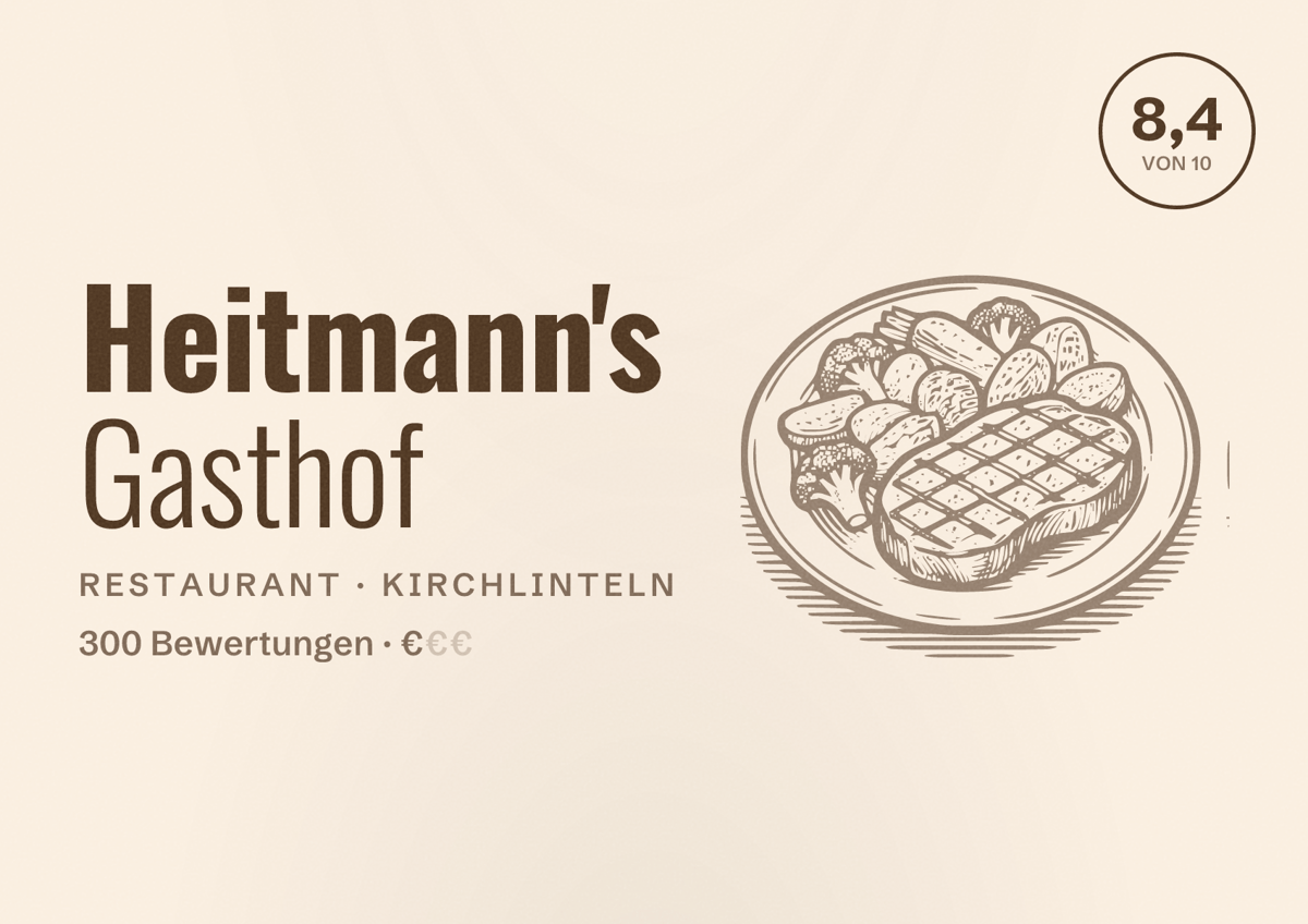 Illustriertes Poster von Heitmann's Gasthof, Restaurant in Kirchlinteln: Bewertung 8,4 von 10 aus 300 Bewertungen, Preisniveau €