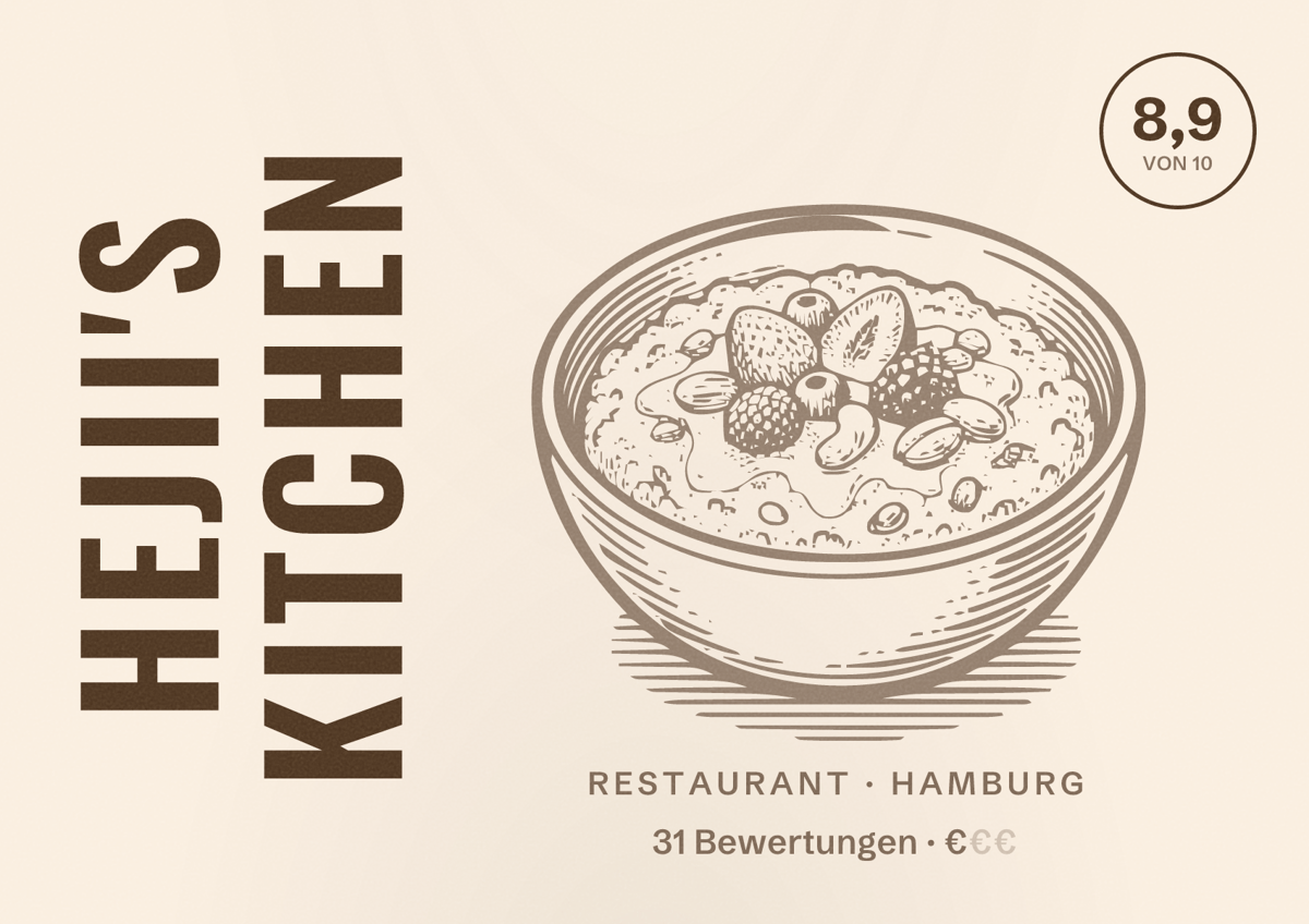 Illustriertes Poster von Hejii's Kitchen, Restaurant in Hamburg: Bewertung 8,9 von 10 aus 31 Bewertungen, Preisniveau €