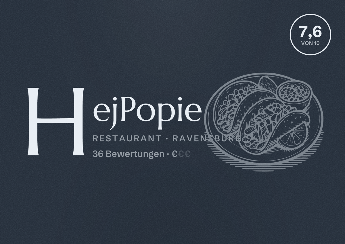 Illustriertes Poster von HejPopie, Restaurant in Ravensburg: Bewertung 7,6 von 10 aus 36 Bewertungen, Preisniveau €
