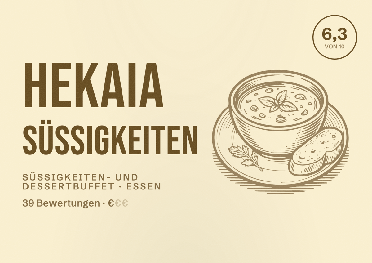 Illustriertes Poster von Hekaia Süßigkeiten, Süßigkeiten- und Dessertbuffet in Essen: Bewertung 6,3 von 10 aus 39 Bewertungen, Preisniveau €