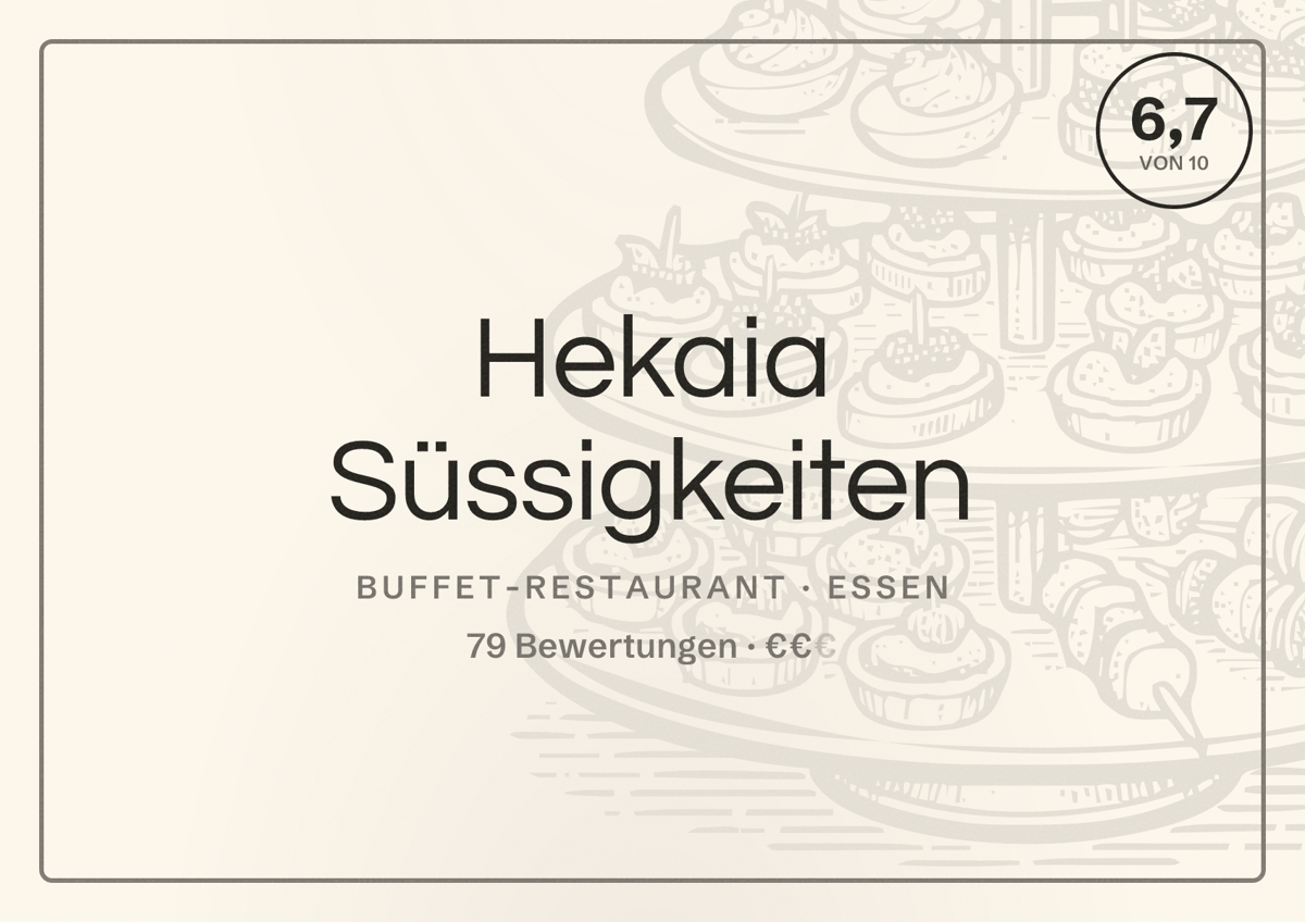 Illustriertes Poster von Hekaia Süssigkeiten, Buffet-Restaurant in Essen: Bewertung 6,7 von 10 aus 79 Bewertungen, Preisniveau €€