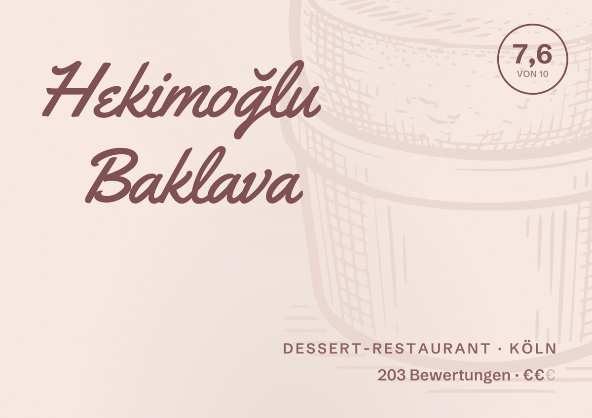 Illustriertes Poster von Hekimoğlu Baklava, Dessert-Restaurant in Köln: Bewertung 7,6 von 10 aus 203 Bewertungen, Preisniveau €€