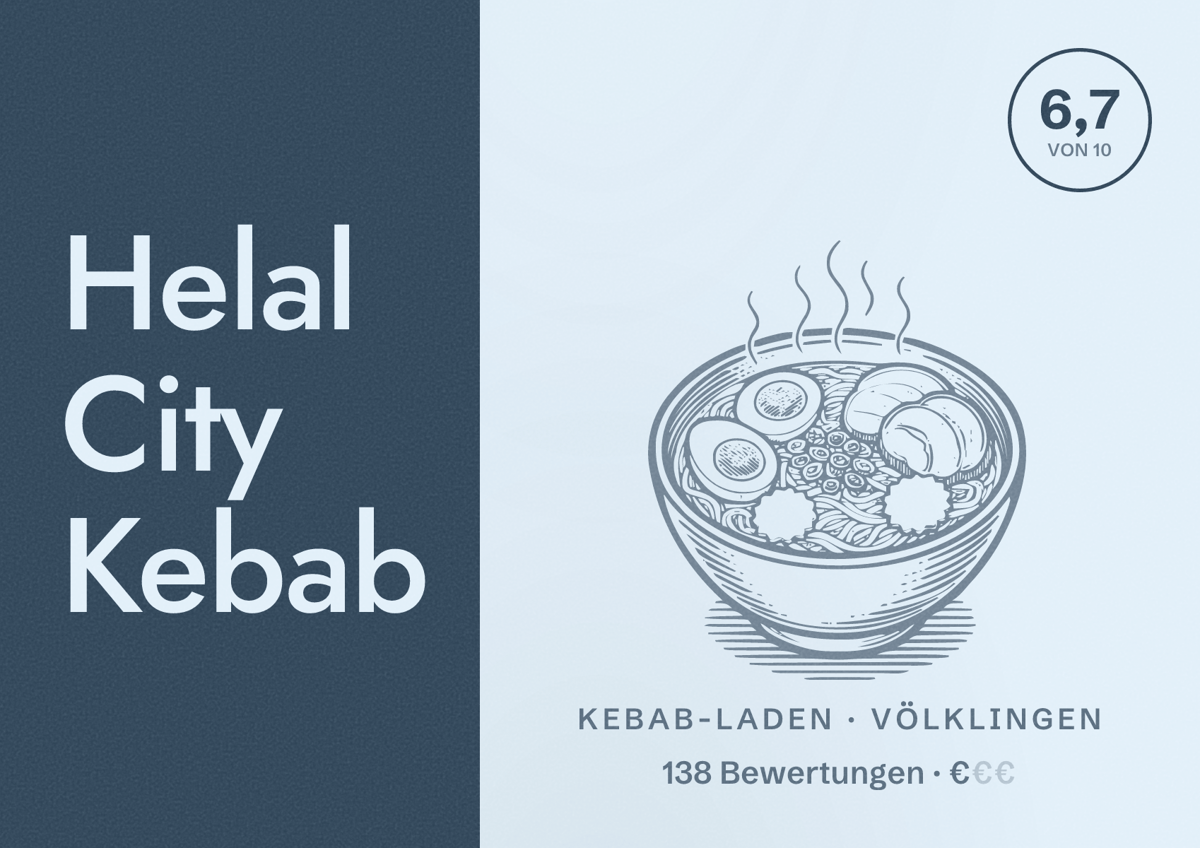 Illustriertes Poster von Helal City Kebab, Kebab-Laden in Völklingen: Bewertung 6,7 von 10 aus 138 Bewertungen, Preisniveau €