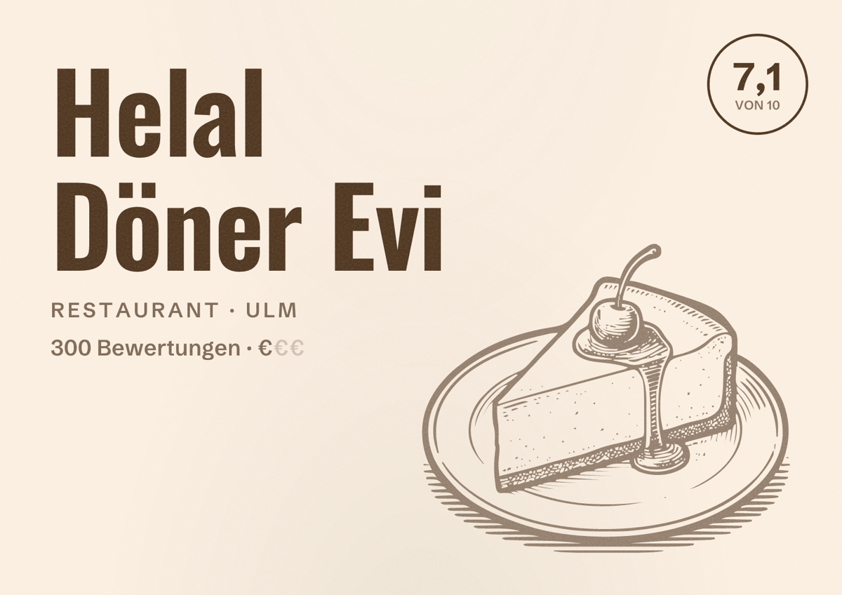 Illustriertes Poster von Helal Döner Evi, Restaurant in Ulm: Bewertung 7,1 von 10 aus 300 Bewertungen, Preisniveau €