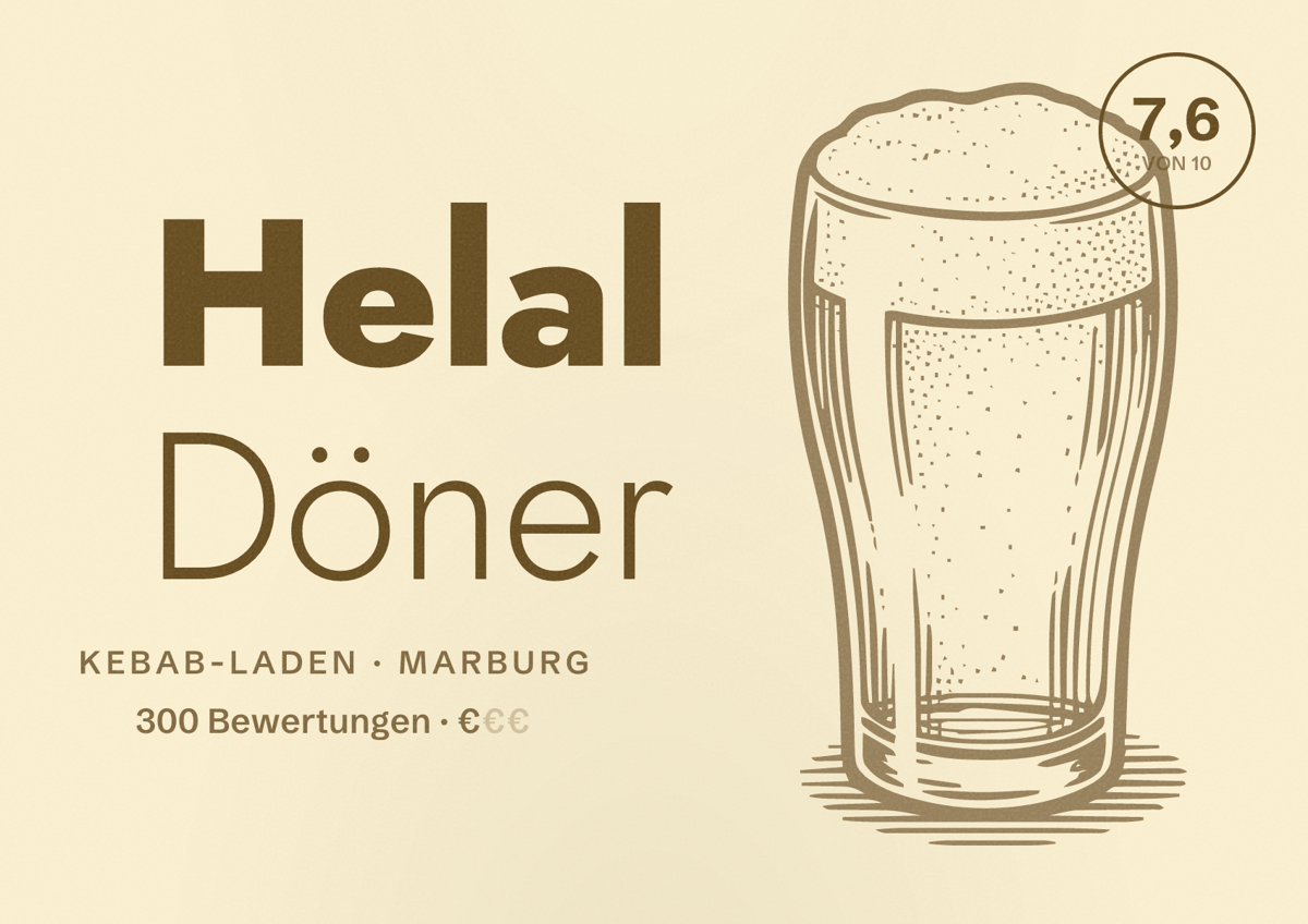 Illustriertes Poster von Helal Döner, Kebab-Laden in Marburg: Bewertung 7,6 von 10 aus 300 Bewertungen, Preisniveau €