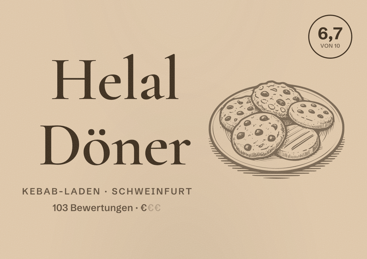 Illustriertes Poster von Helal Döner, Kebab-Laden in Schweinfurt: Bewertung 6,7 von 10 aus 103 Bewertungen, Preisniveau €