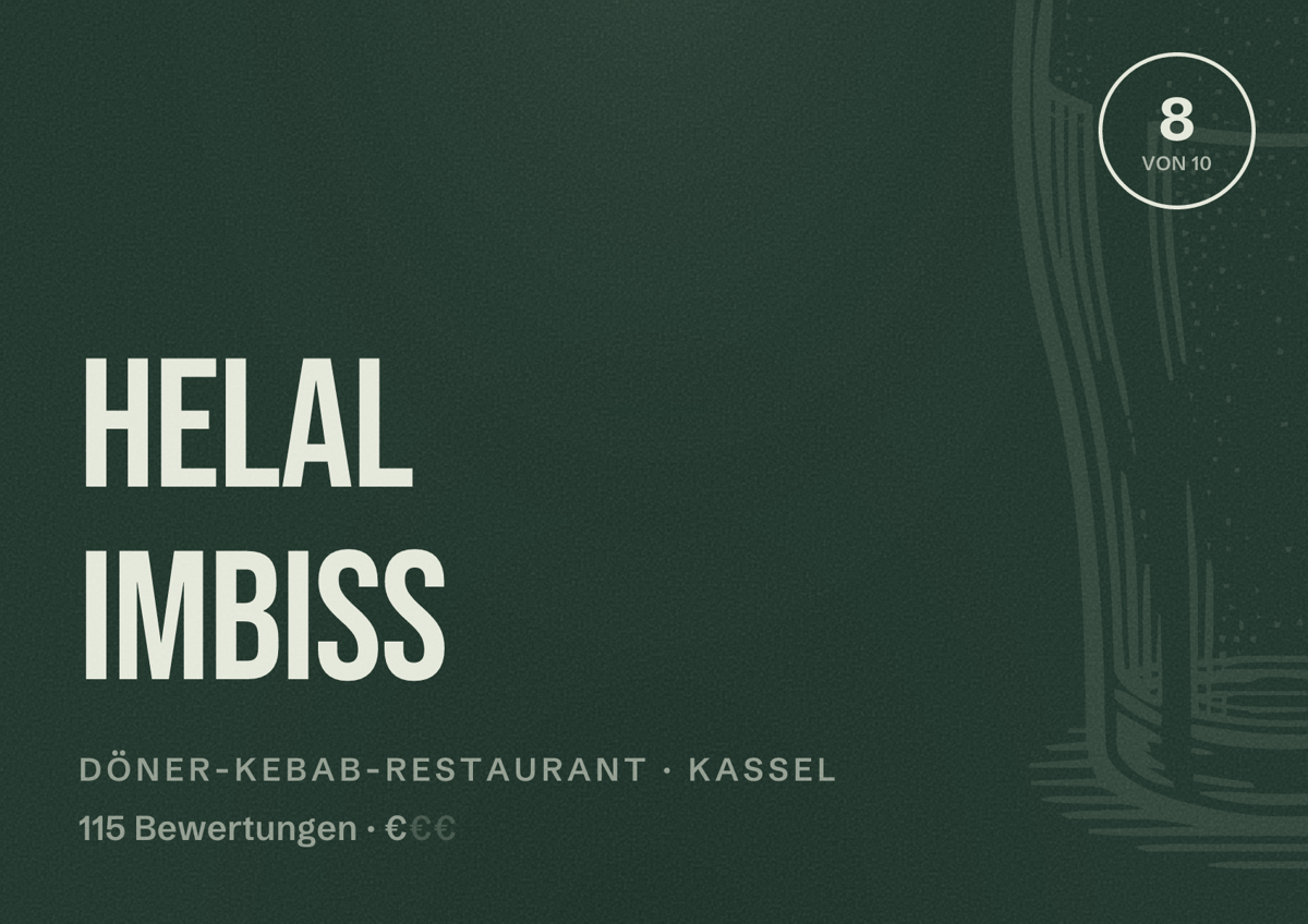 Illustriertes Poster von Helal Imbiss, Döner-Kebab-Restaurant in Kassel: Bewertung 8 von 10 aus 115 Bewertungen, Preisniveau €
