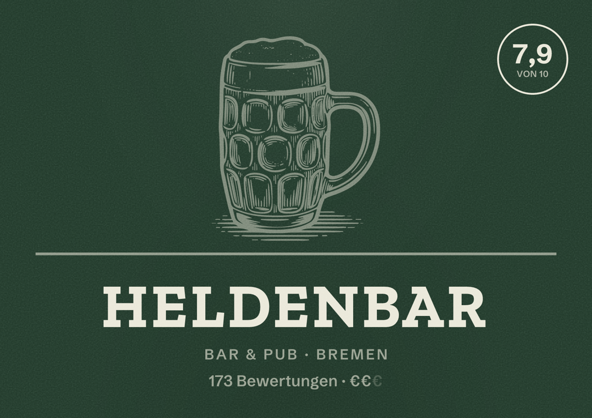 Illustriertes Poster von Heldenbar, Bar & Pub in Bremen: Bewertung 7,9 von 10 aus 173 Bewertungen, Preisniveau €€