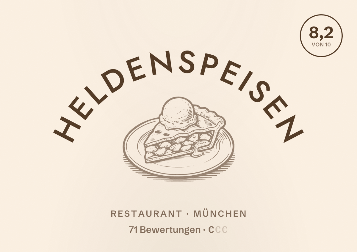 Illustriertes Poster von Heldenspeisen, Restaurant in München: Bewertung 8,2 von 10 aus 71 Bewertungen, Preisniveau €