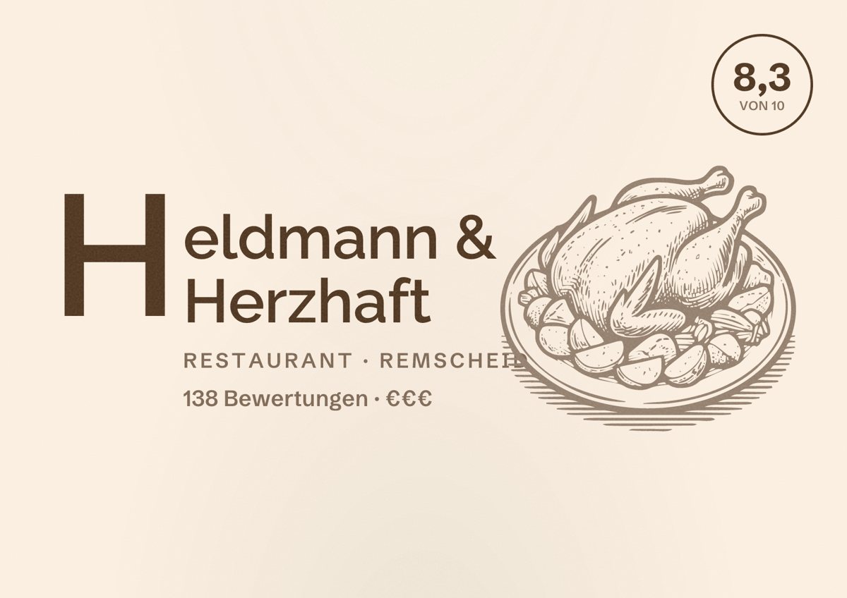 Illustriertes Poster von Heldmann & Herzhaft, Restaurant in Remscheid: Bewertung 8,3 von 10 aus 138 Bewertungen, Preisniveau €€€