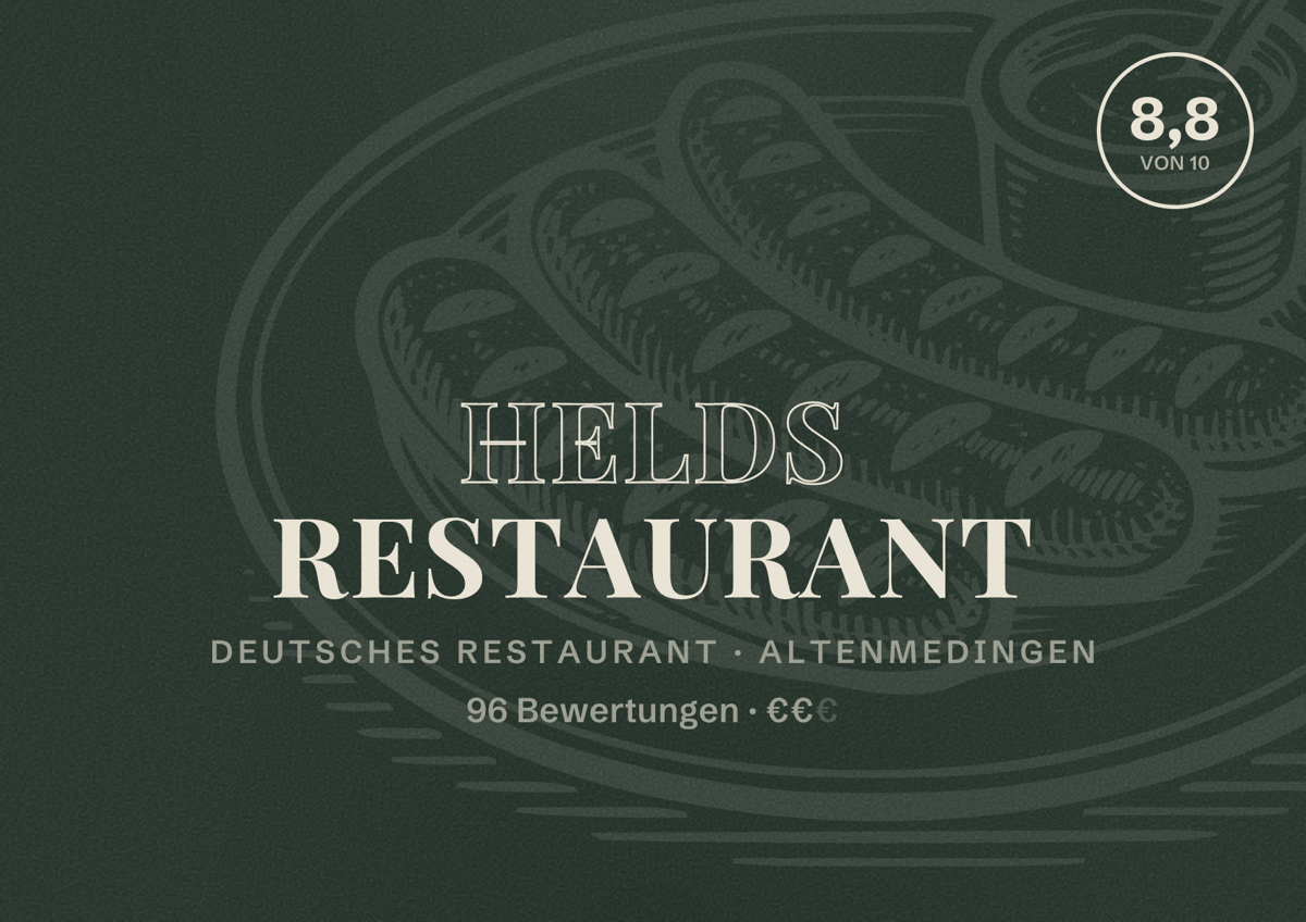 Illustriertes Poster von HELDs Restaurant, Deutsches Restaurant in Altenmedingen: Bewertung 8,8 von 10 aus 96 Bewertungen, Preisniveau €€