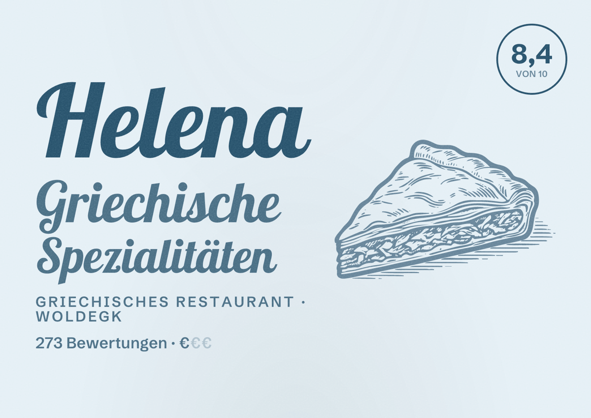 Illustriertes Poster von Helena Griechische Spezialitäten, Griechisches Restaurant in Woldegk: Bewertung 8,4 von 10 aus 273 Bewertungen, Preisniveau €