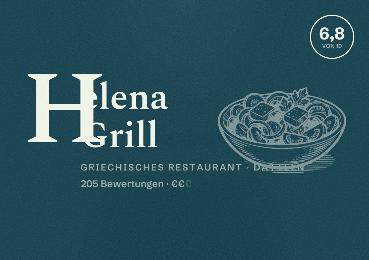 Illustriertes Poster von Helena Grill, Griechisches Restaurant in Datteln: Gästebewertung 6,8 von 10 aus 205 Bewertungen