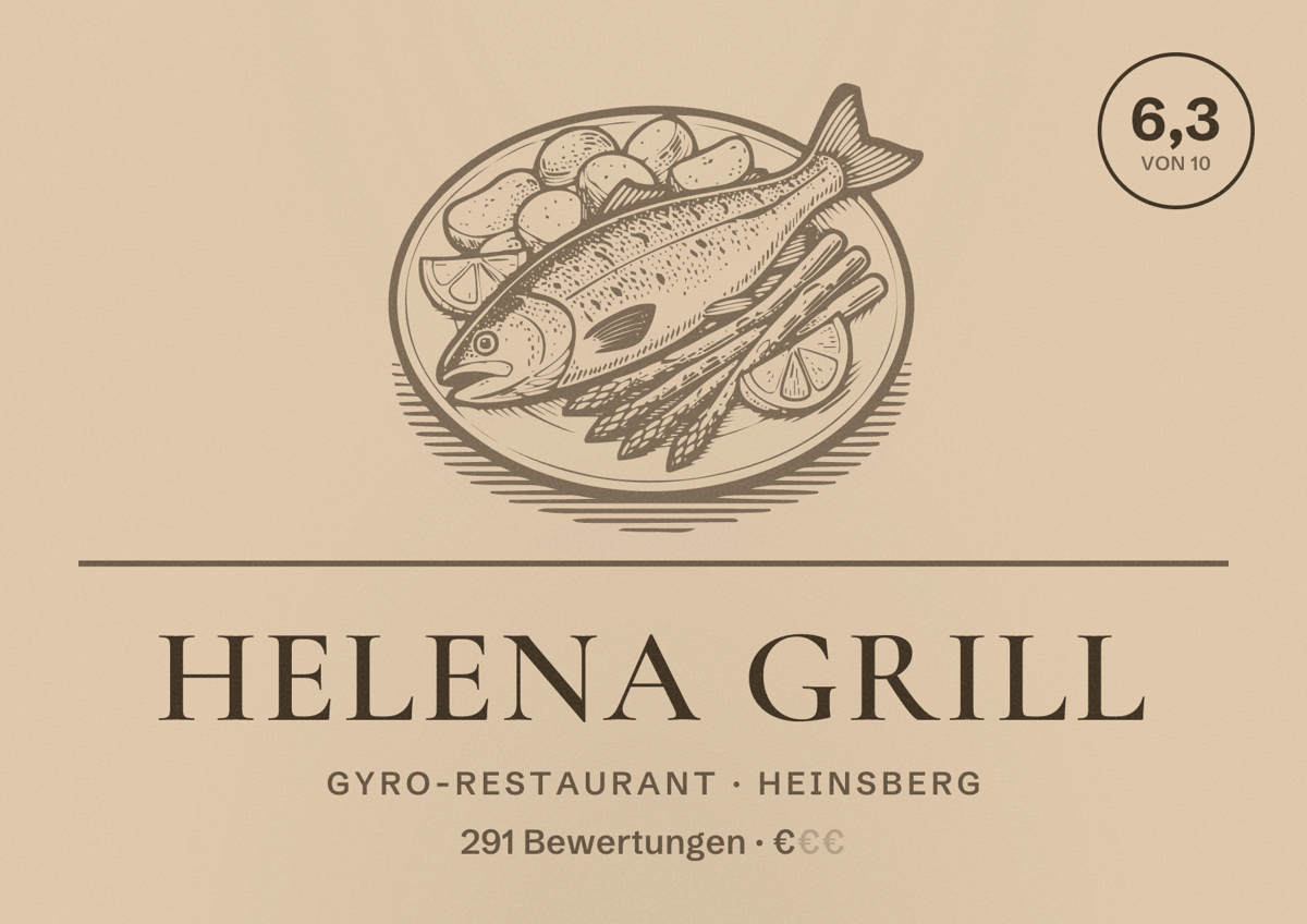 Illustriertes Poster von Helena Grill, Gyro-Restaurant in Heinsberg: Bewertung 6,3 von 10 aus 291 Bewertungen, Preisniveau €