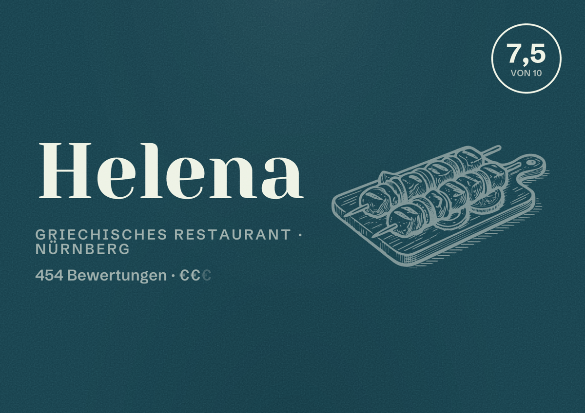 Illustriertes Poster von Helena, Griechisches Restaurant in Nürnberg: Bewertung 7,5 von 10 aus 454 Bewertungen, Preisniveau €€