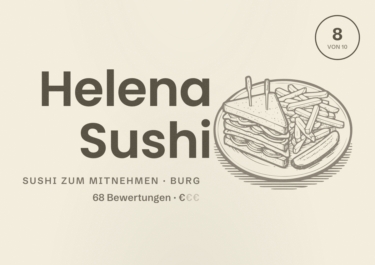 Illustriertes Poster von Helena Sushi, Sushi zum Mitnehmen in Burg: Bewertung 8 von 10 aus 68 Bewertungen, Preisniveau €
