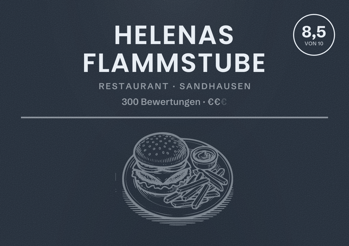 Illustriertes Poster von Helenas Flammstube, Restaurant in Sandhausen: Bewertung 8,5 von 10 aus 300 Bewertungen, Preisniveau €€
