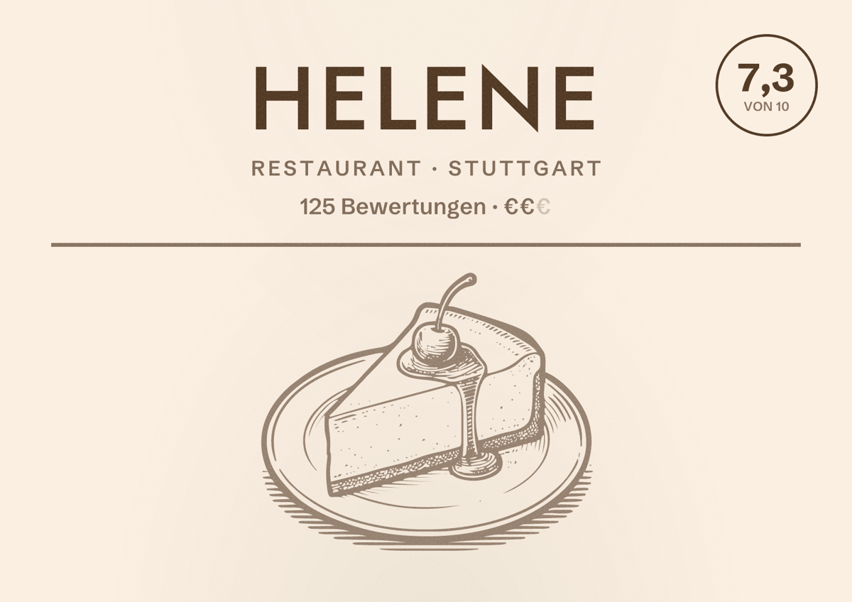 Illustriertes Poster von Helene, Restaurant in Stuttgart: Bewertung 7,3 von 10 aus 125 Bewertungen, Preisniveau €€