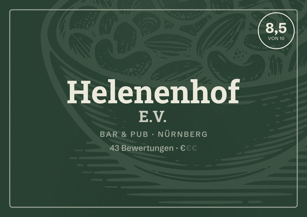 Illustriertes Poster von Helenenhof E.V., Bar & Pub in Nürnberg: Bewertung 8,5 von 10 aus 43 Bewertungen, Preisniveau €