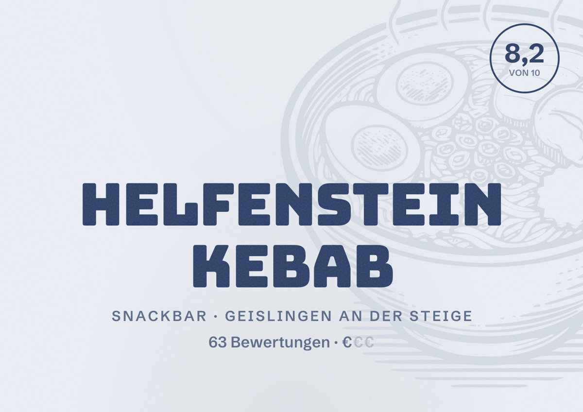 Illustriertes Poster von Helfenstein Kebab, Snackbar in Geislingen an der Steige: Bewertung 8,2 von 10 aus 63 Bewertungen, Preisniveau €