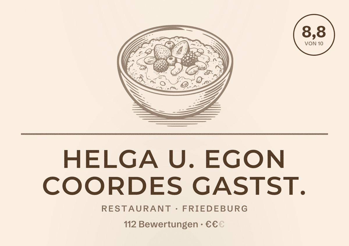 Illustriertes Poster von Helga U. Egon Coordes Gastst., Restaurant in Friedeburg: Bewertung 8,8 von 10 aus 112 Bewertungen, Preisniveau €€