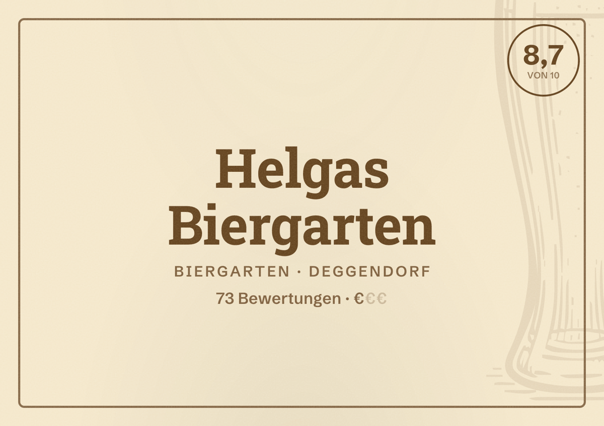 Illustriertes Poster von Helgas Biergarten, Biergarten in Deggendorf: Bewertung 8,7 von 10 aus 73 Bewertungen, Preisniveau €