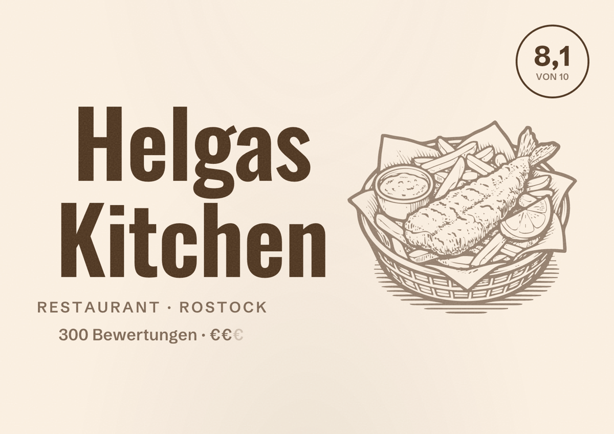 Illustriertes Poster von Helgas Kitchen, Restaurant in Rostock: Bewertung 8,1 von 10 aus 300 Bewertungen, Preisniveau €€