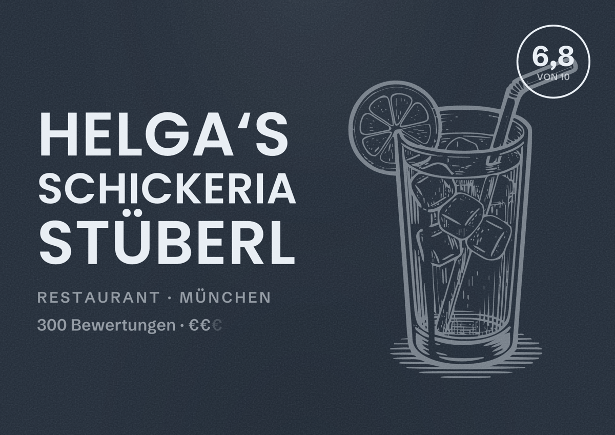 Illustriertes Poster von Helga‘s Schickeria Stüberl, Restaurant in München: Bewertung 6,8 von 10 aus 300 Bewertungen, Preisniveau €€