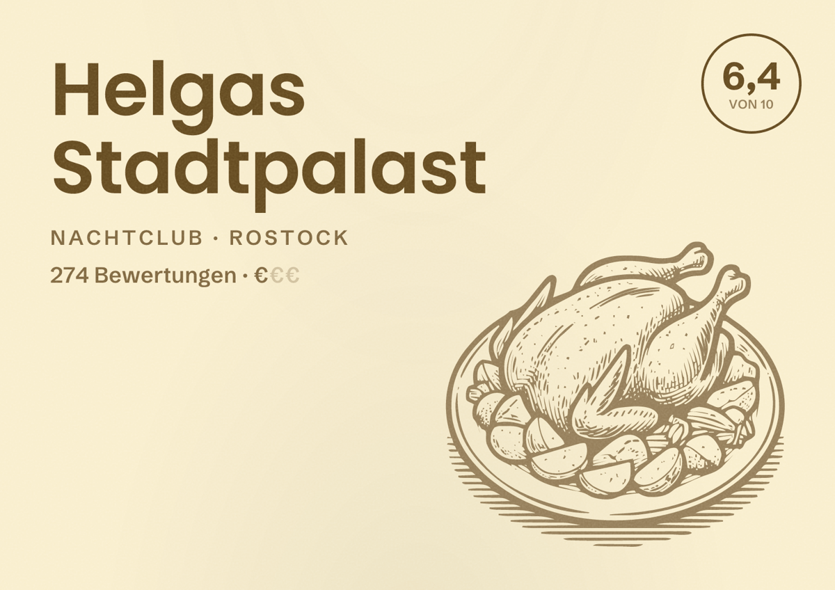 Illustriertes Poster von Helgas Stadtpalast, Nachtclub in Rostock: Bewertung 6,4 von 10 aus 274 Bewertungen, Preisniveau €