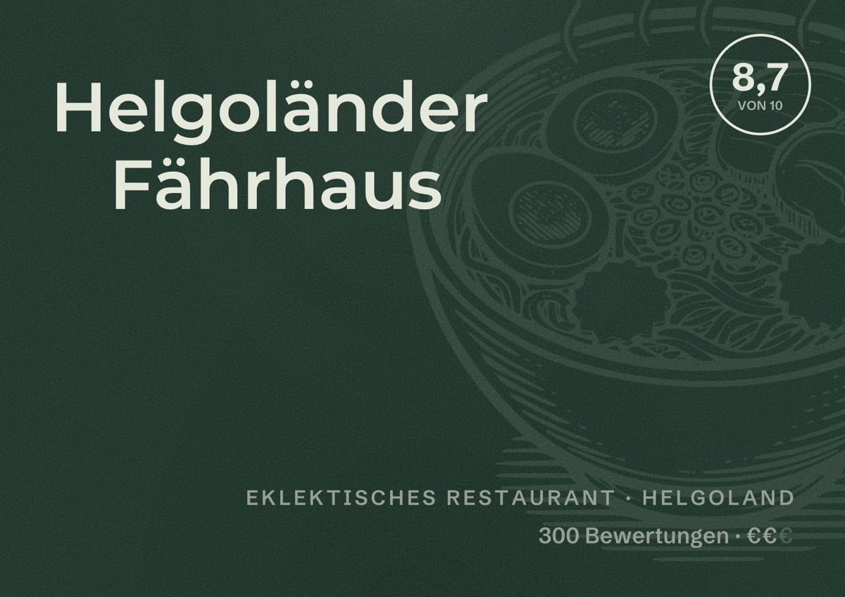 Illustriertes Poster von Helgoländer Fährhaus, Eklektisches Restaurant in Helgoland: Bewertung 8,7 von 10 aus 300 Bewertungen, Preisniveau €€
