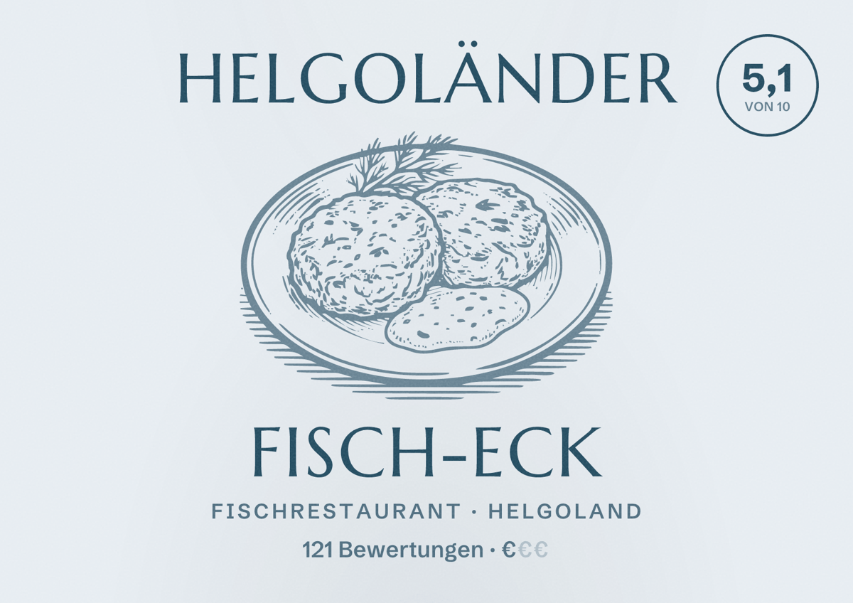 Illustriertes Poster von Helgoländer Fisch-Eck, Fischrestaurant in Helgoland: Bewertung 5,1 von 10 aus 121 Bewertungen, Preisniveau €