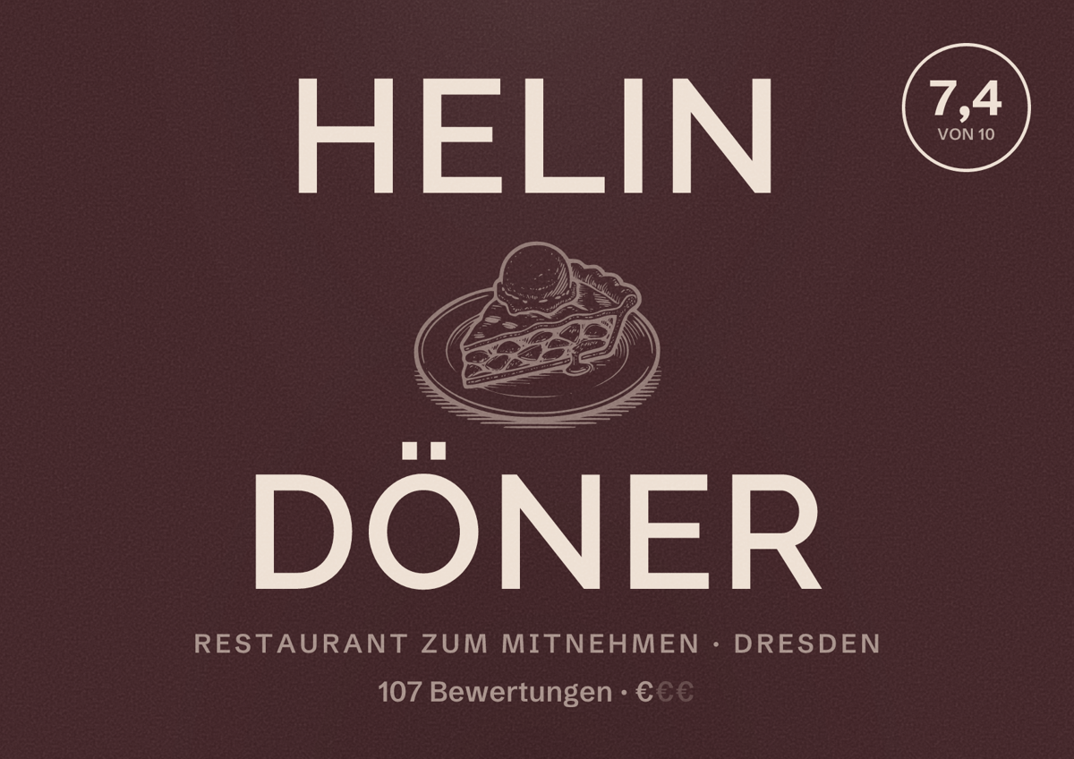 Illustriertes Poster von Helin Döner, Restaurant zum Mitnehmen in Dresden: Bewertung 7,4 von 10 aus 107 Bewertungen, Preisniveau €