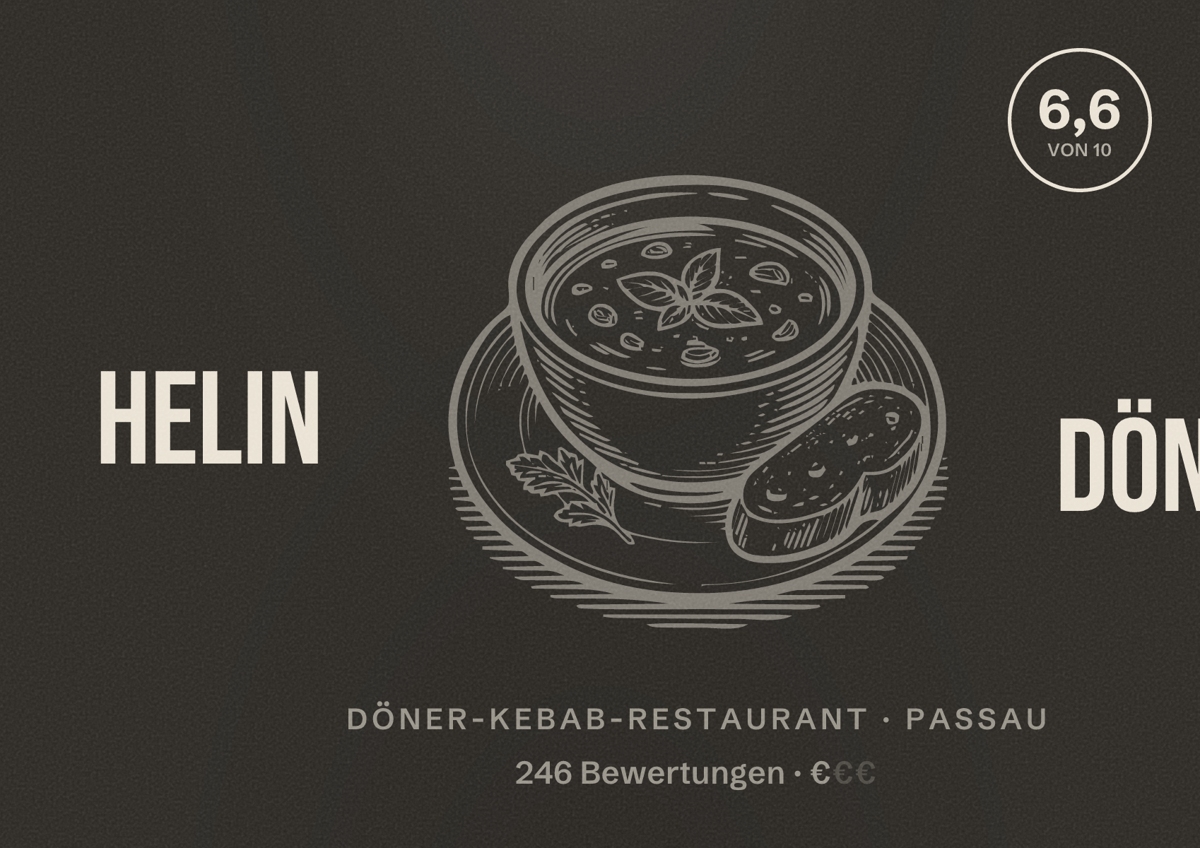 Illustriertes Poster von Helin Döner, Döner-Kebab-Restaurant in Passau: Bewertung 6,6 von 10 aus 246 Bewertungen, Preisniveau €