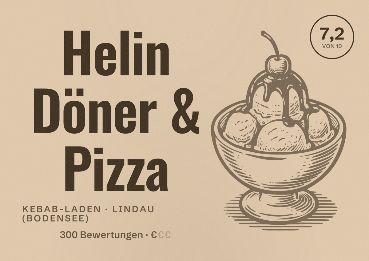 Illustriertes Poster von Helin Döner & Pizza, Kebab-Laden in Lindau (Bodensee): Bewertung 7,2 von 10 aus 300 Bewertungen, Preisniveau €